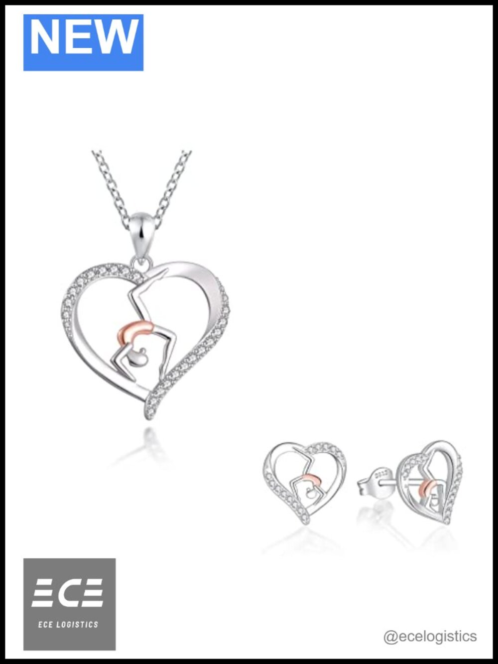 925 Sterling Silver Gymnast Necklace Earring Set Heart Pendant Dancer Gift